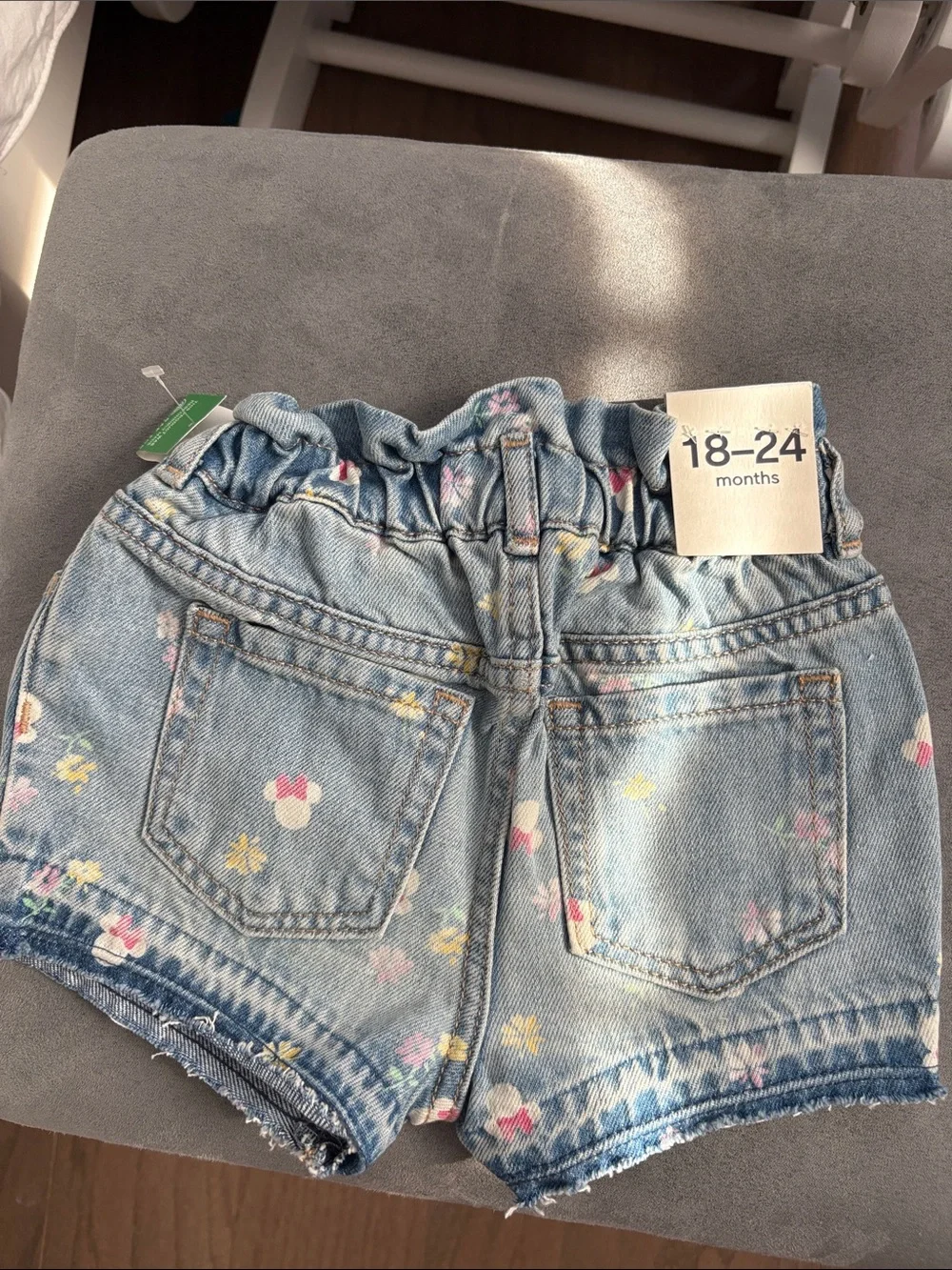 GAP Light Blue Denim Paperbag Shorts with Floral & Minnie Bow Print